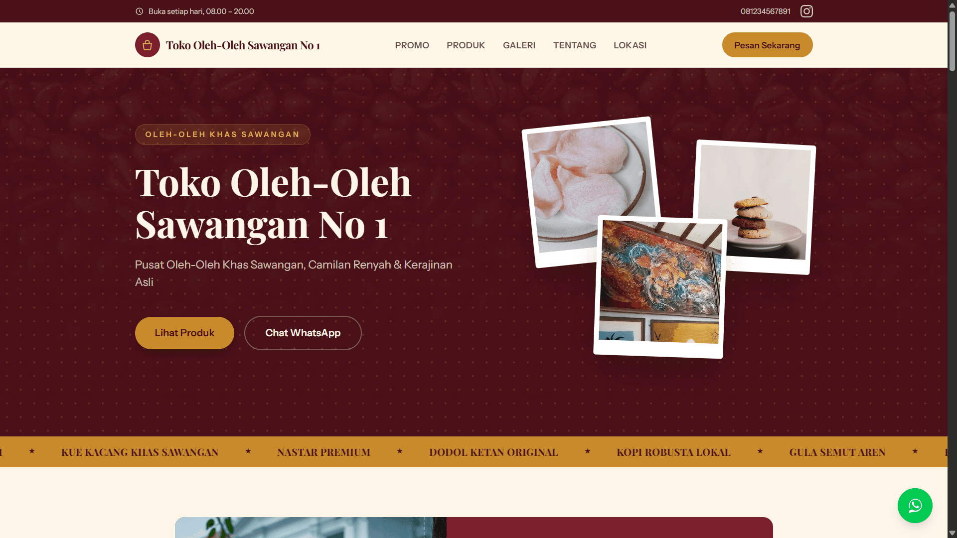 Tampilan website Toko Oleh-Oleh Sawangan No 1